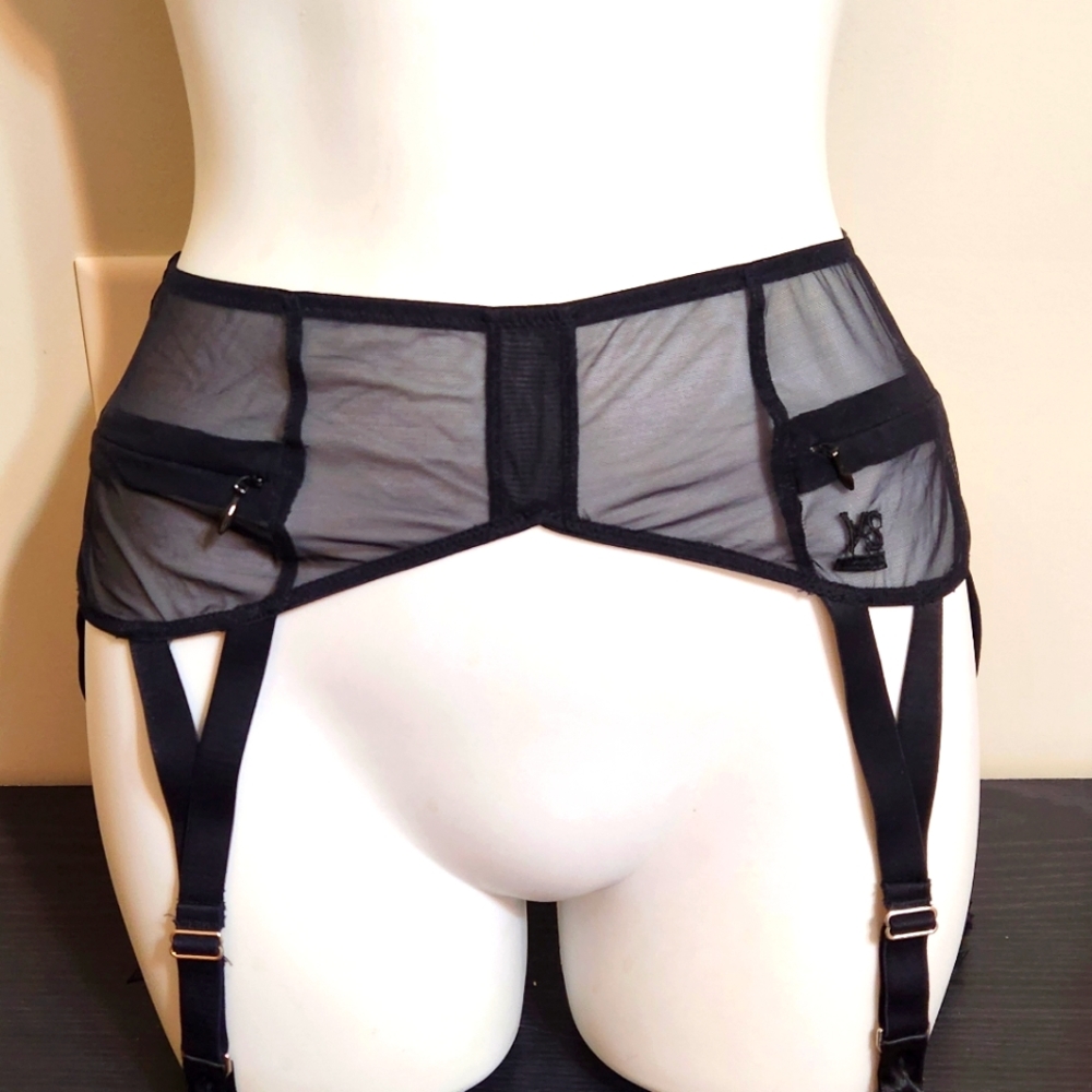 Victoria's Secret black sheer mesh garter belt XS/S zipper trim NWOT